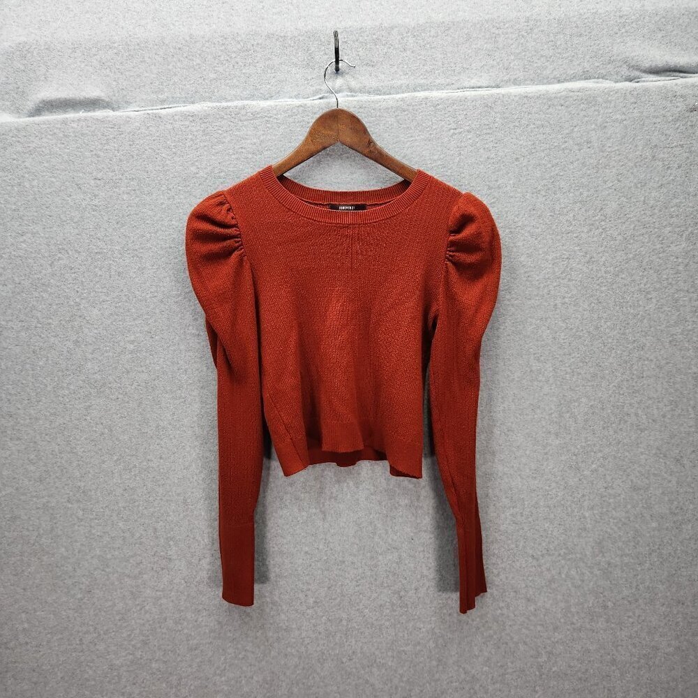 Forever 21 Womens Puff Sleeve Crop Knit Sweater Top Burnt Orange Size M